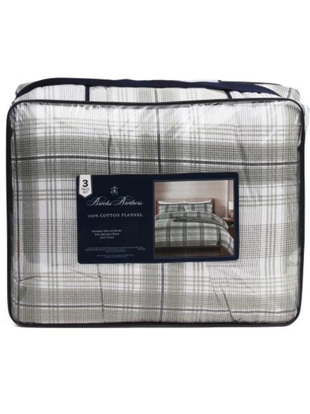 Brooks Brothers Sage and White Plaid Cotton Flannel Comforter Set